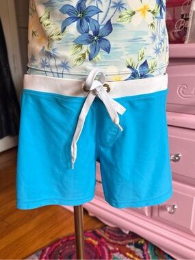 Vintage Blue Women's Swim Shorts with White Waistband